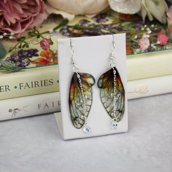 Dark Natural Sparkle Sprite Cicada Fairy Wing Butterfly Earrings Fairycore Pagan