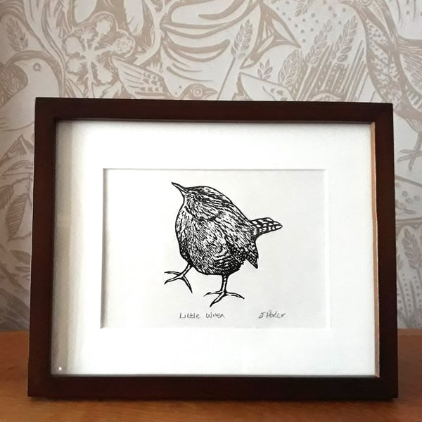 Original linocut print of a little wren.