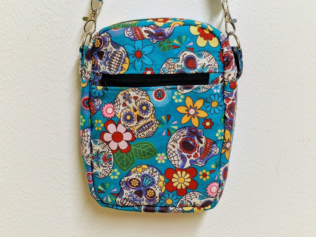 Handmade Day of the Dead candy skull crossbody "essentials" bag 