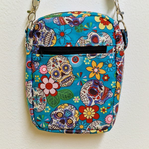 Handmade Day of the Dead candy skull crossbody "essentials" bag 