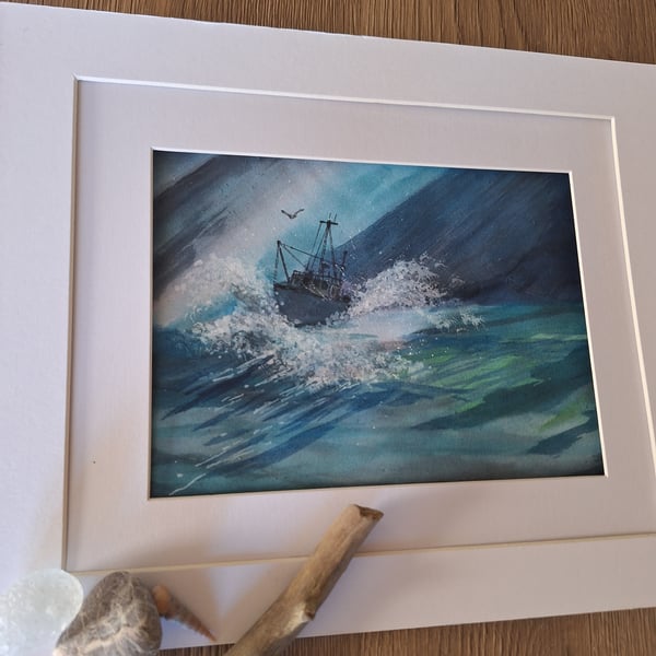 Storm sea clash costal fishing boat painting 