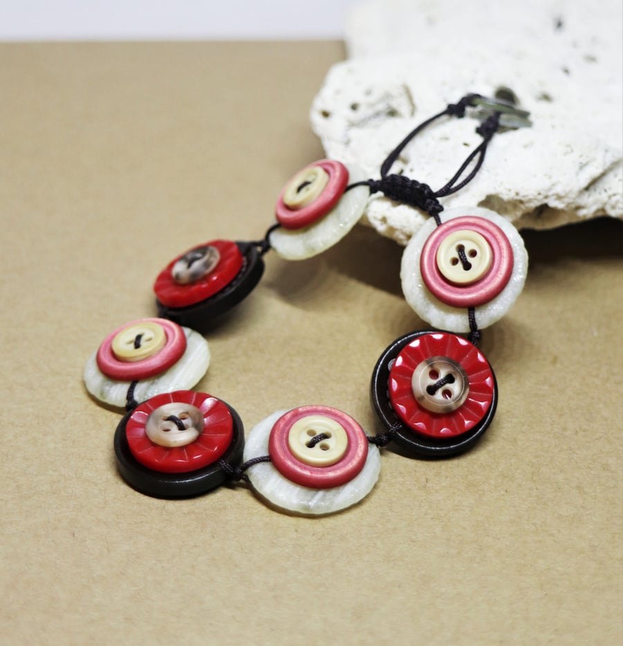 Free Shipping Worldwide - Red and Chocolate Vintage Button Adjustable Bracelet