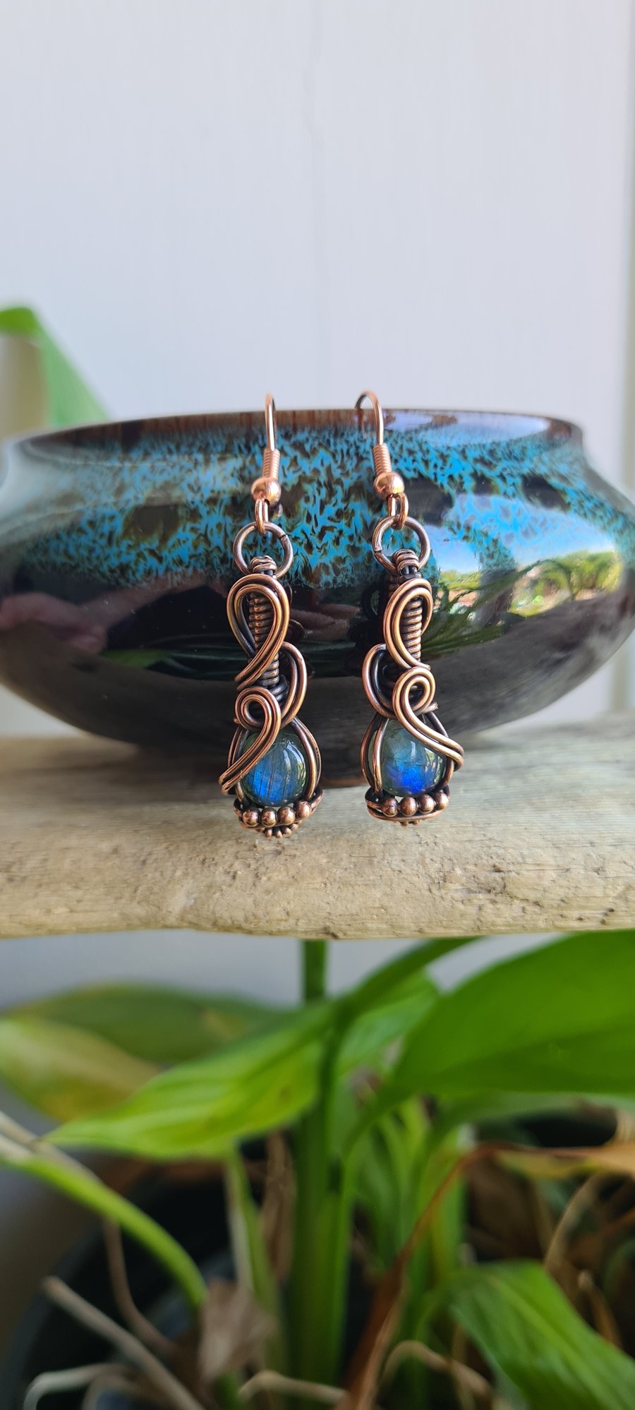 Natural Blue Labradorite & Copper Dangle Earrings Gift Crystal Jewellery Jewelry