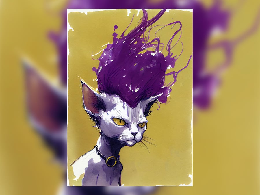 Punk Cat with Purple Hair, Watercolor Painting Print, Eccentric Feline Art, 5x7