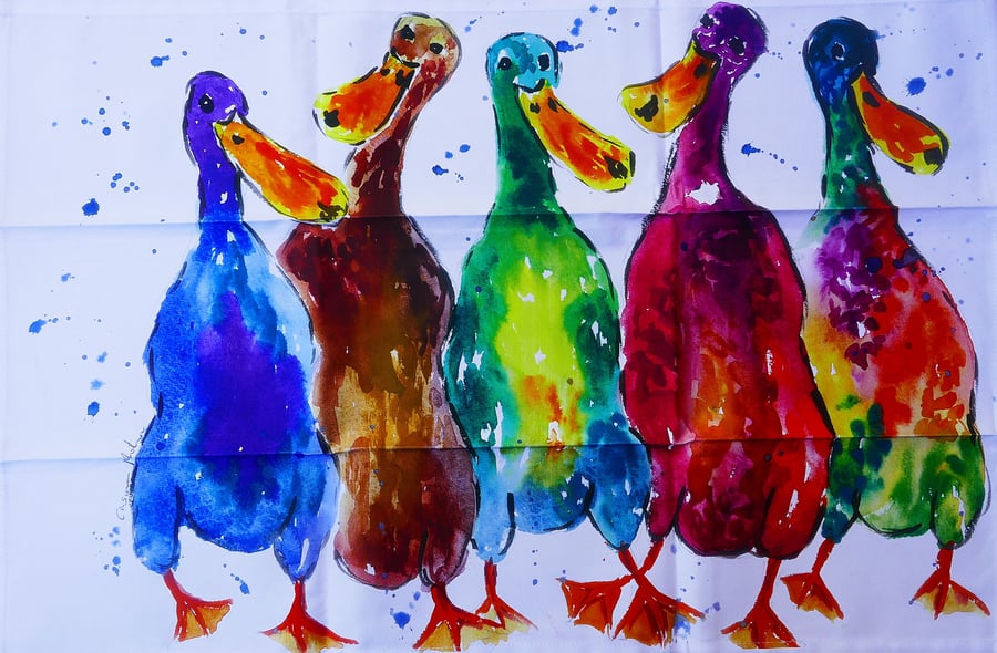 Quirky Colourful Ducks Tea towel 