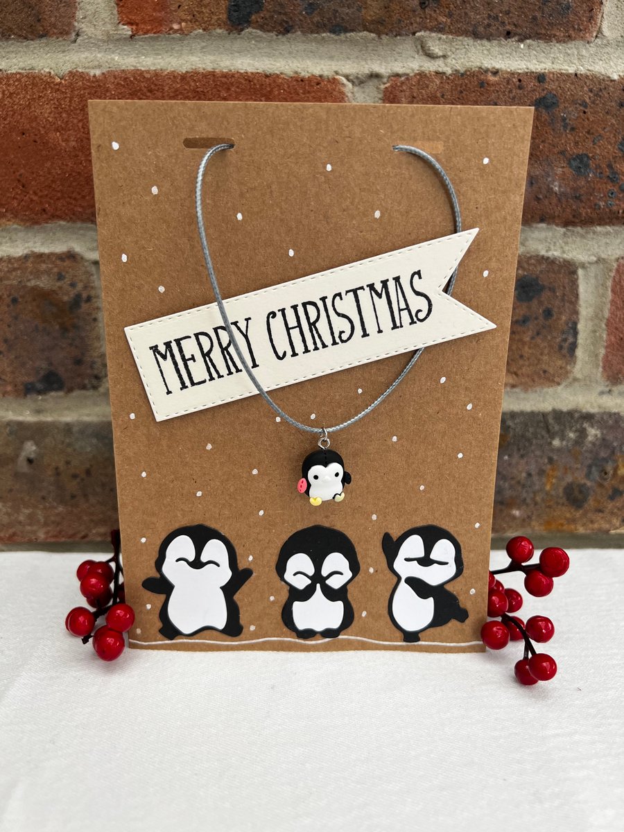 ‘Dancing Penguins’- Christmas Card including necklace 