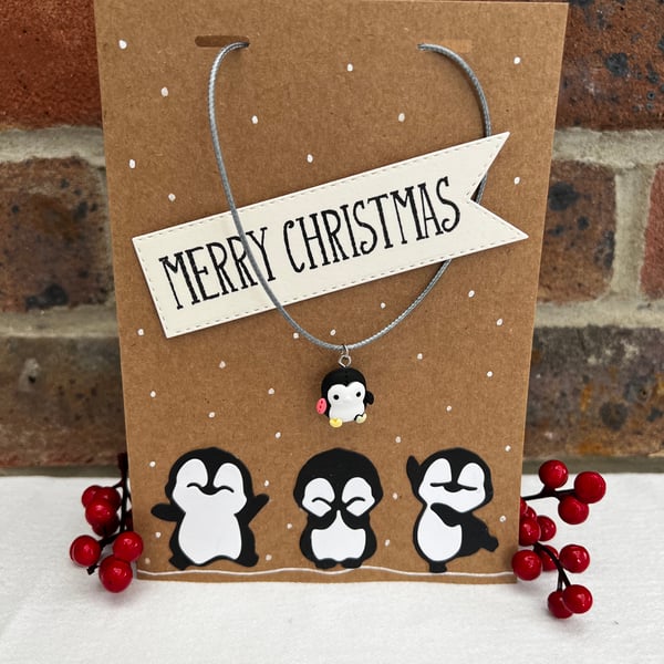 ‘Dancing Penguins’- Christmas Card including necklace 