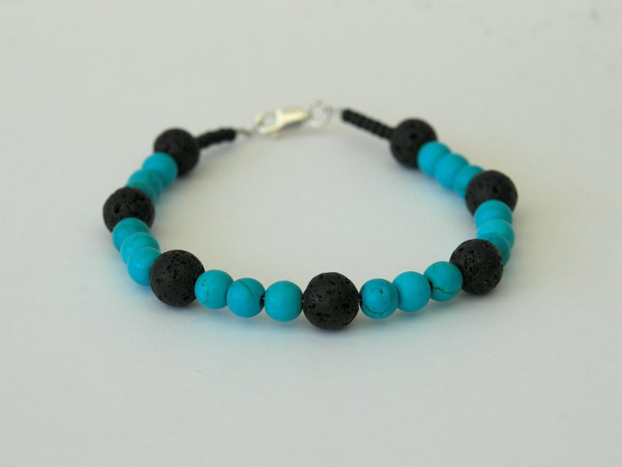 Turquoise and Black Lava Rock Beaded Bracelet with Silver Clasp