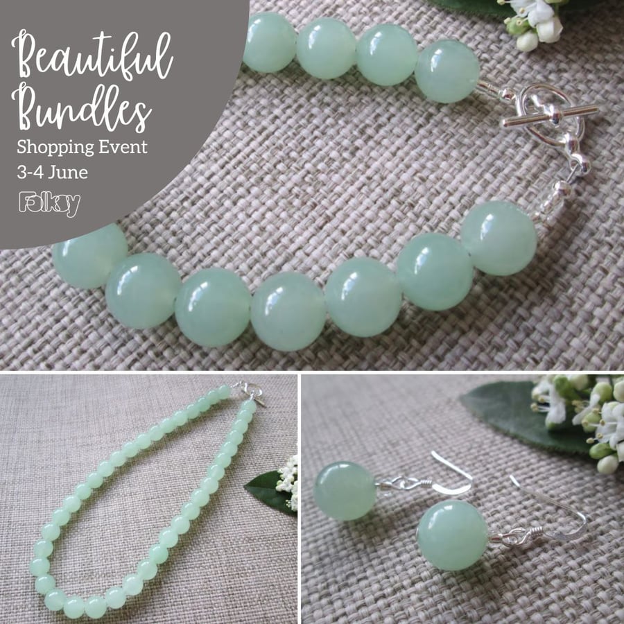 Beautiful Bundle, Pale Green Quartzite Necklace, Bracelet & Earrings set