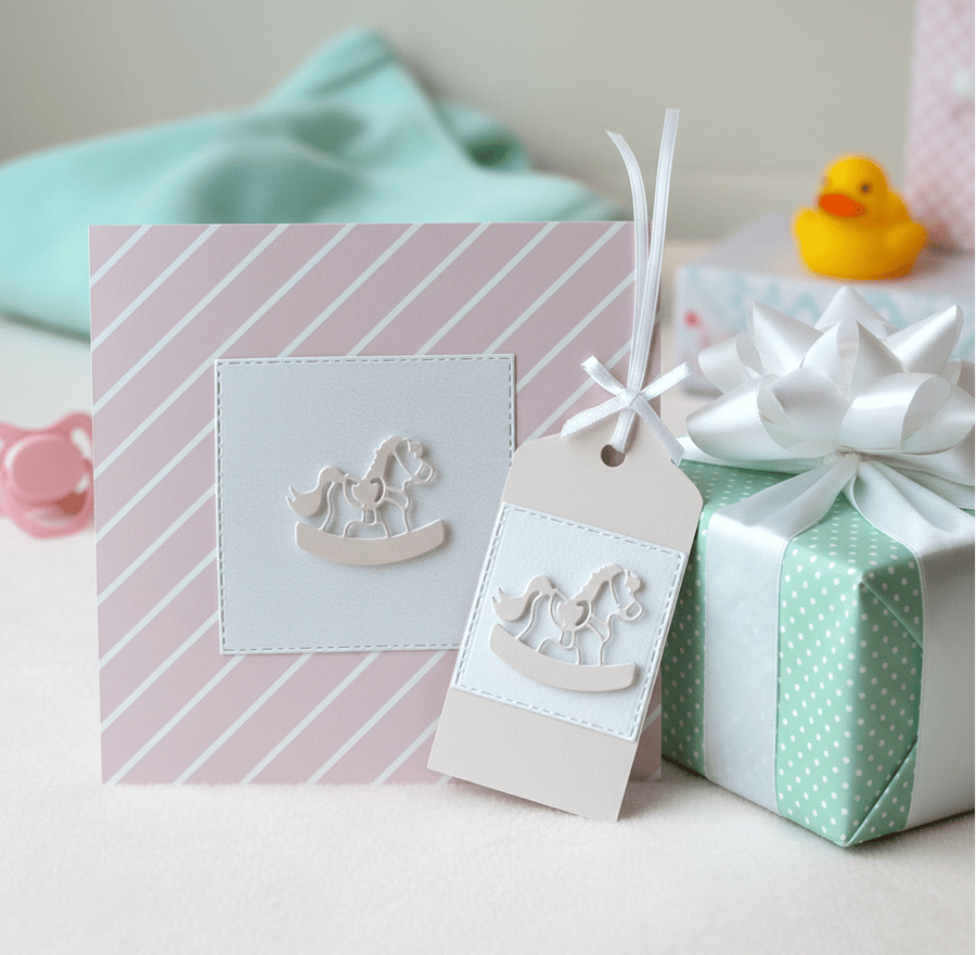 Handmade Pearl shimmer Pink baby card with matching gift tag