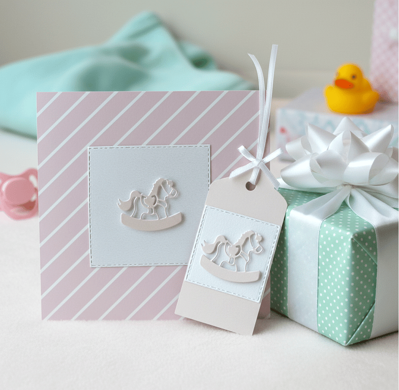 Handmade Pearl shimmer Pink baby card with matching gift tag