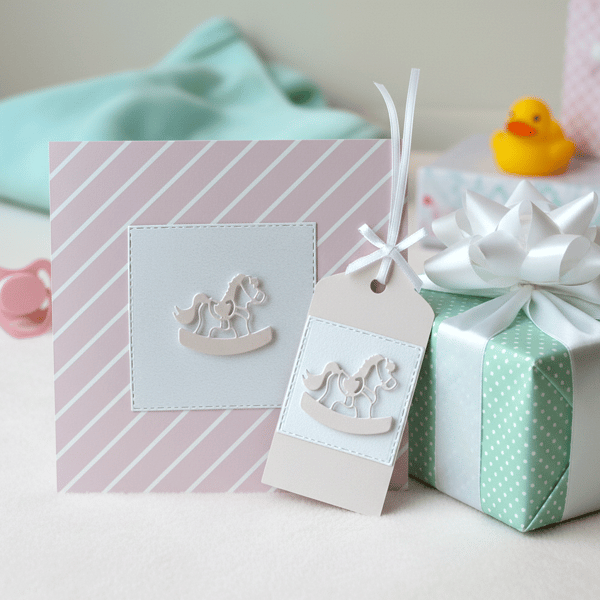 Handmade Pearl shimmer Pink baby card with matching gift tag
