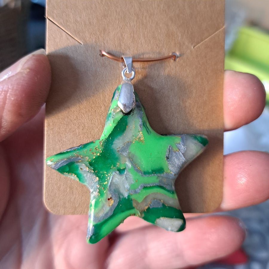 Lovely Star shaped green, translucent white and gold flecked pendant 2 designs
