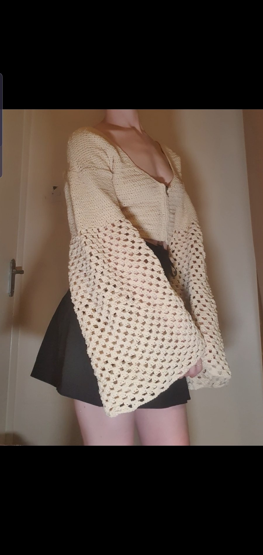 Crochet Zip Front Top, Blouse With Flare, Mesh Sleeves