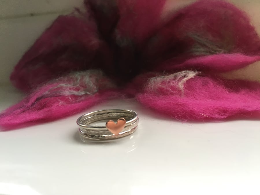 Sterling Silver Stacking Ring Set, Stacking Ring Set, Copper heart Ring