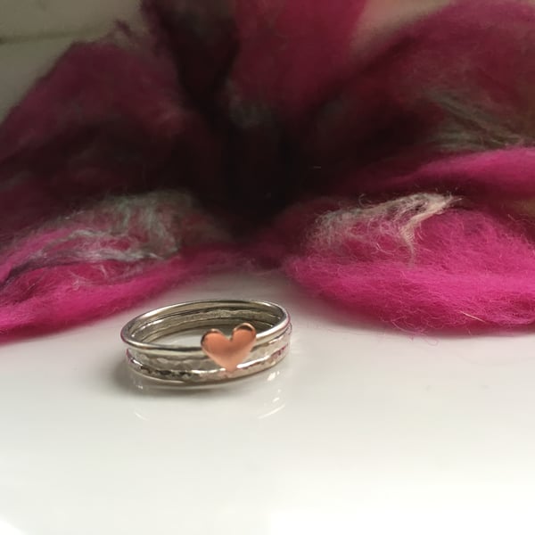 Sterling Silver Stacking Ring Set, Stacking Ring Set, Copper heart Ring