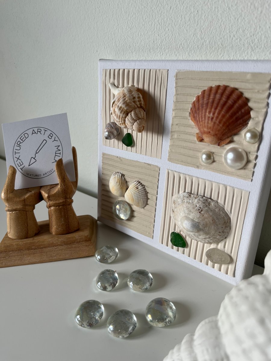 Handmade Coastal Wall Art – Seashells & Sea glass  – Nautical Beach Decor 