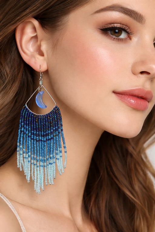 Ombre Handmade beaded Earrings with Tassel and Moon charm