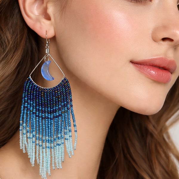 Ombre Handmade beaded Earrings with Tassel and Moon charm