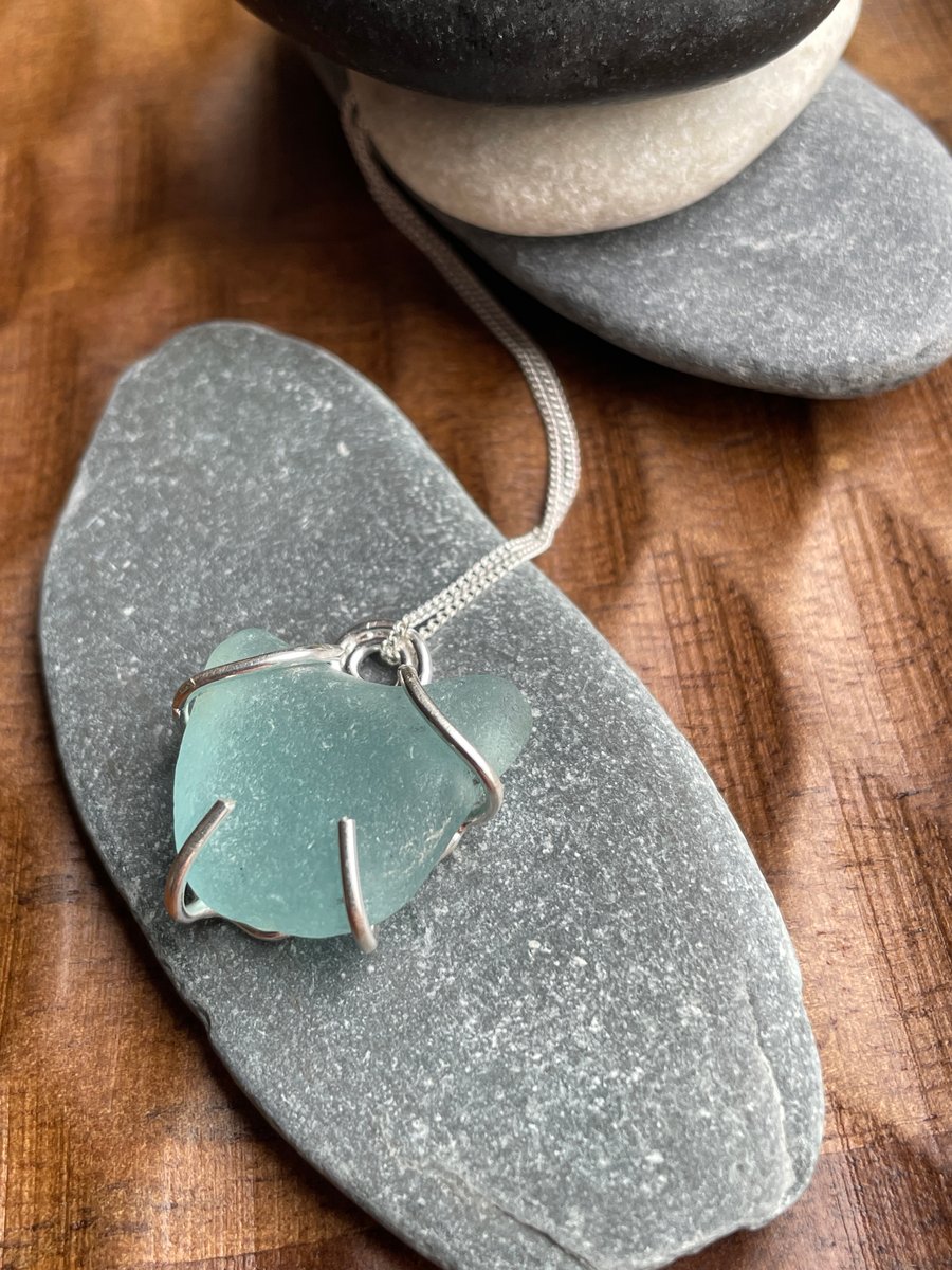 Scottish sea glass pendant Sky blue claw setting simple handmade