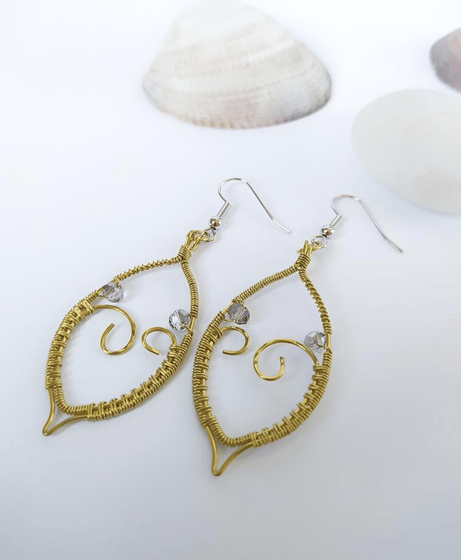 Leaf Shaped Wire Wrapped Swirly Drop Earrings in Brass