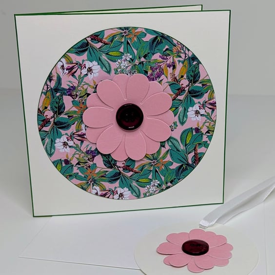 Handmade card with large flower and button embellishment and matching gift tag 