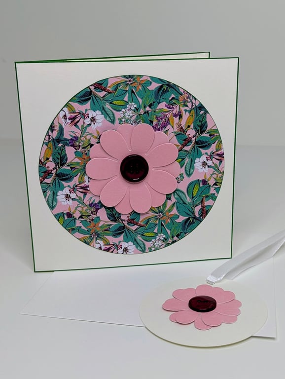 Handmade card with large flower and button embellishment and matching gift tag 