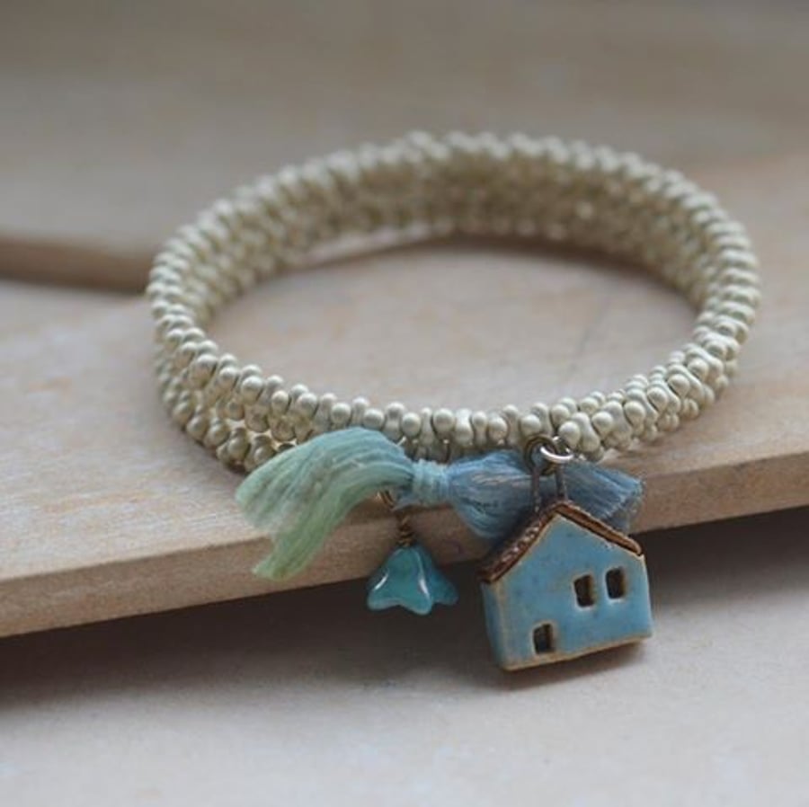 Memory Wire Wrap Bracelet with Seed Beads & Ceramic Blue House bead
