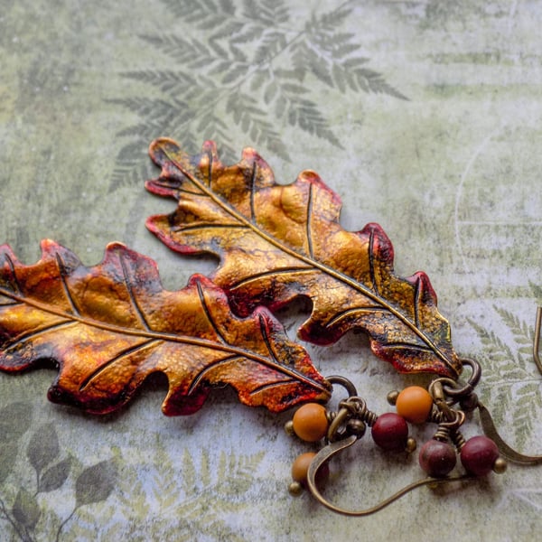 Gold and Red Hand Painted Autumnal Oak Leaf Earrings