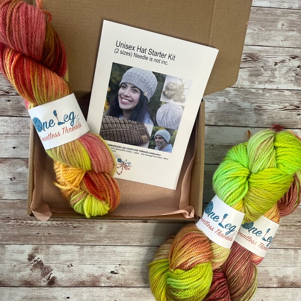 Hat knitting kit with one skein of hand dyed yarn