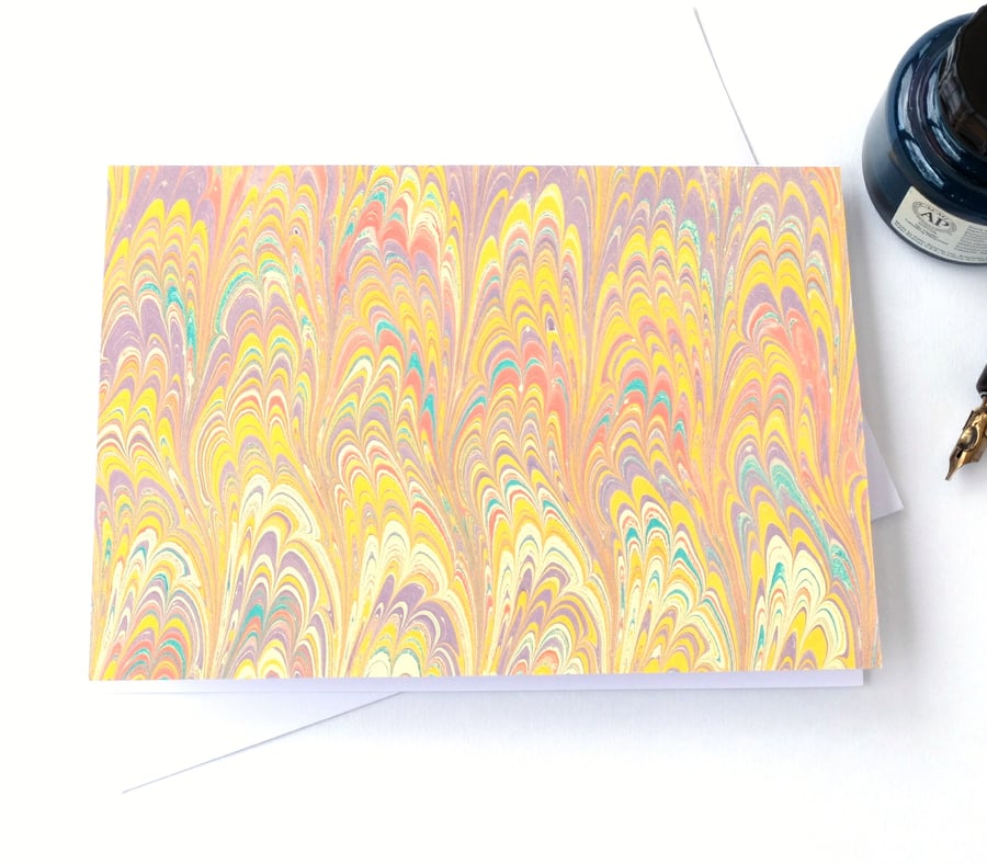 Unusual marbled paper art greetings card note card double non-pareil pattern