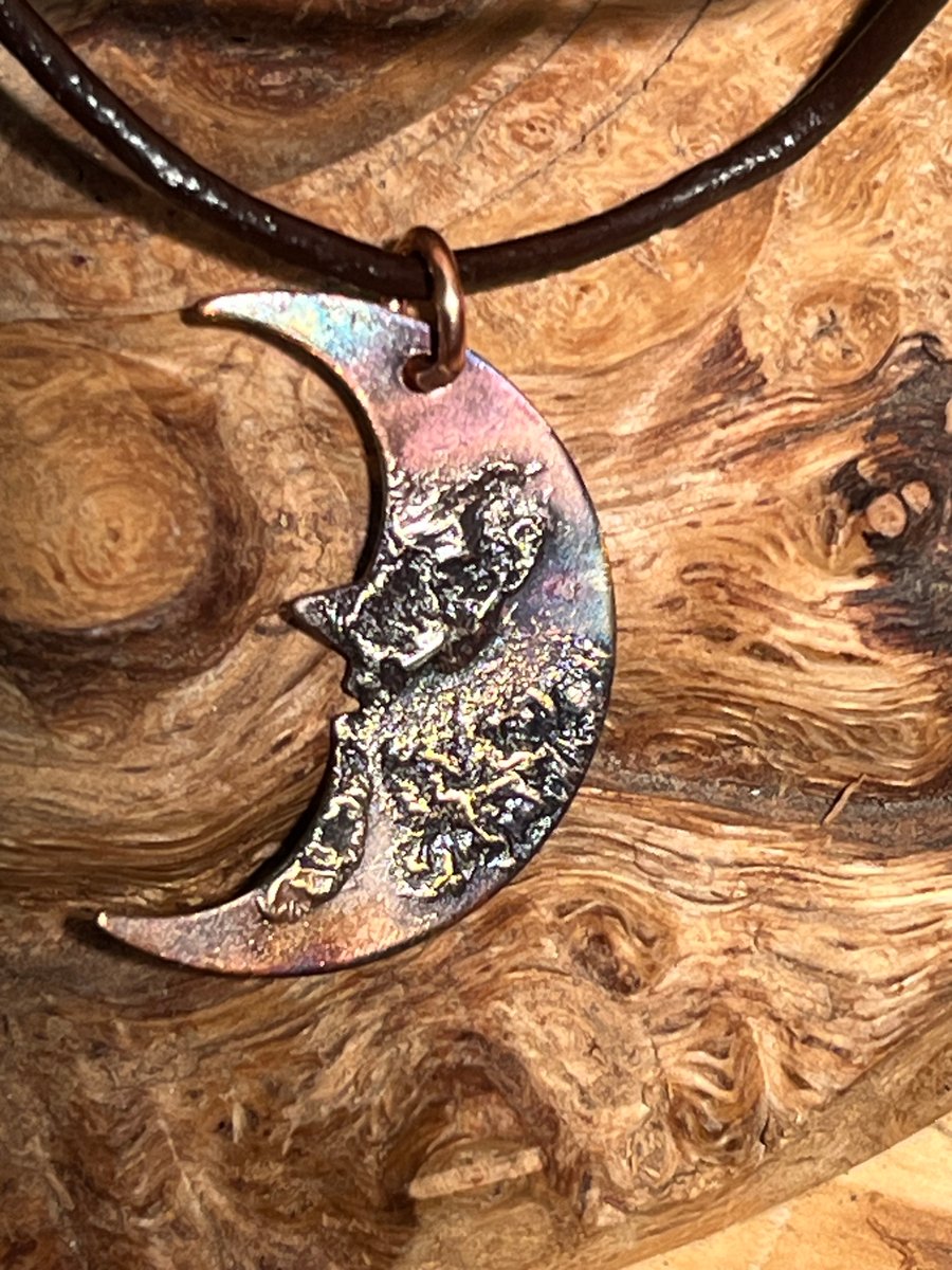 Tarot inspired flame-painted silver fused copper moon face shape pendant