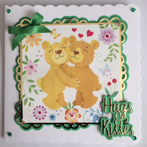 Two Teddy Bears Hugs and Kisses Love Hearts 3D Luxury Handmade Card