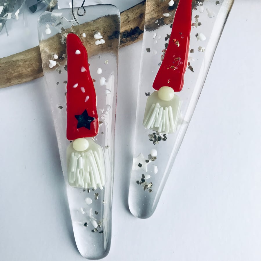 Gnome Christmas decorations, set of two, fused glass