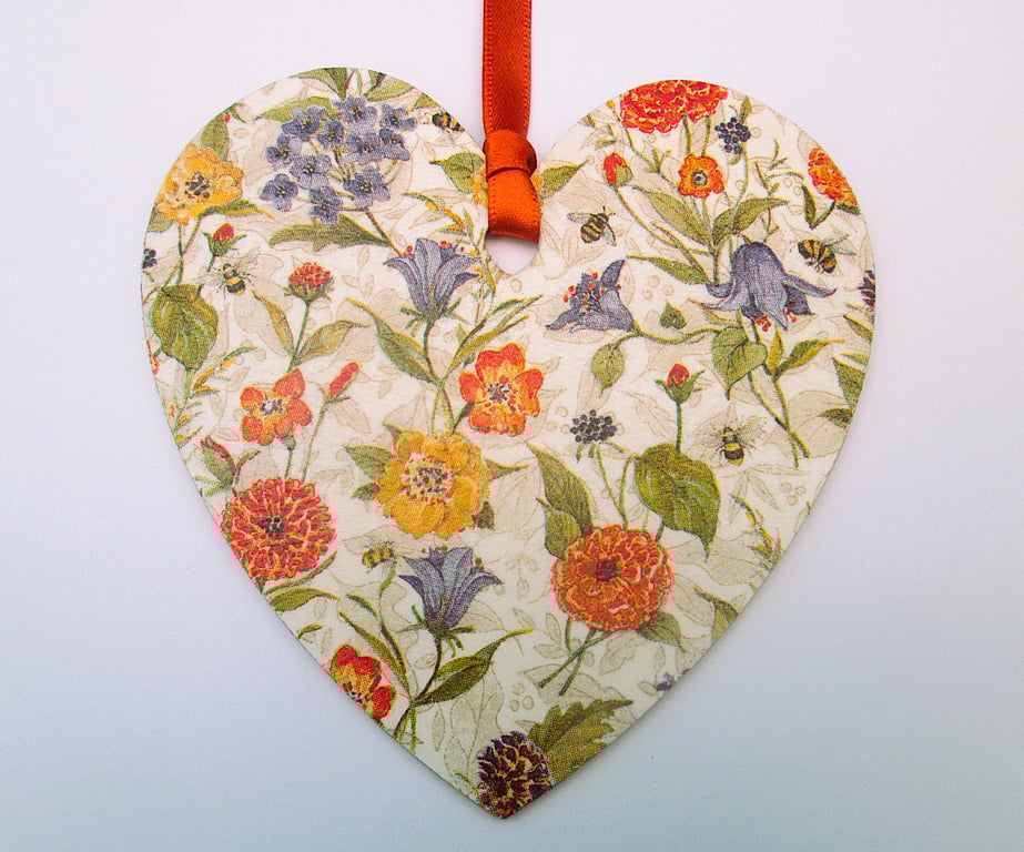 Autumn flowers wood decoupage heart hanging decoration