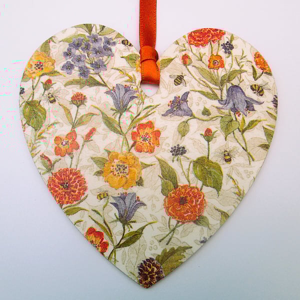 Autumn flowers wood decoupage heart hanging decoration
