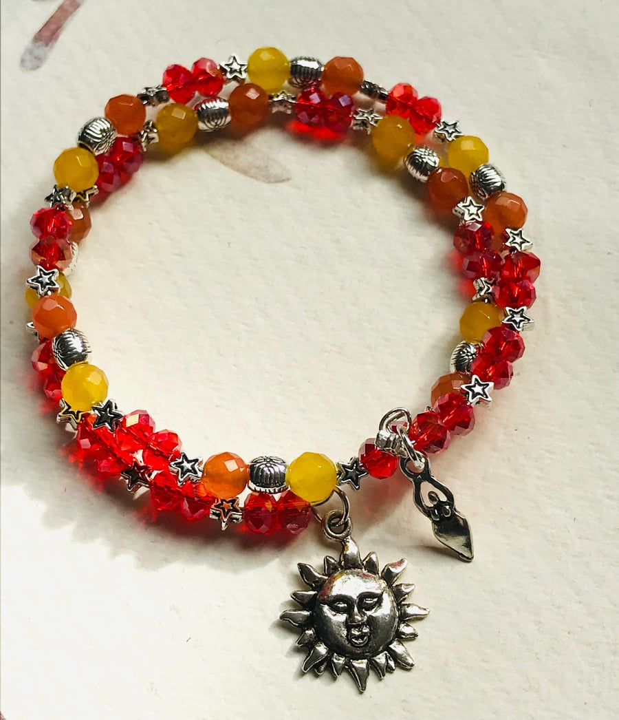 Sun Goddess Red Orange Yellow Beaded Memory Wire Bracelet