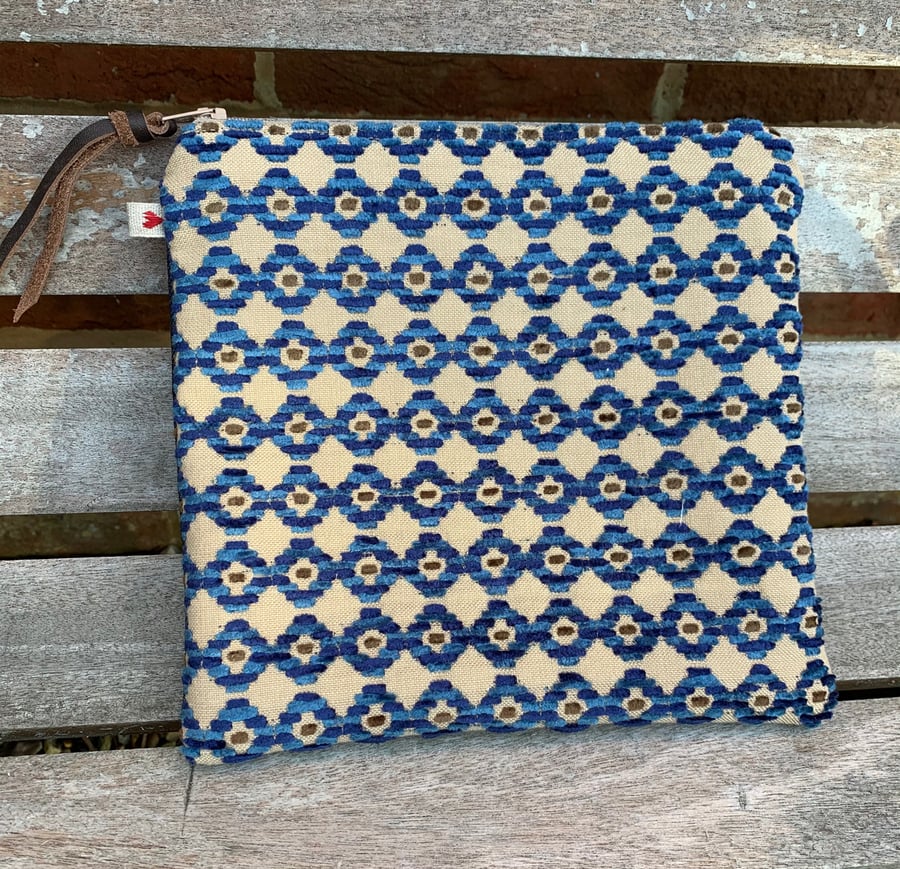Chenille and denim zip pouch