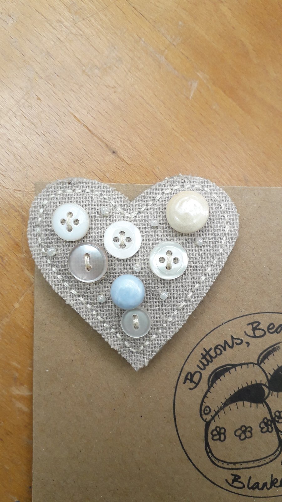 Hessian Heart Brooch, Creams and Baby Blue (no.3)