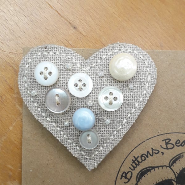 Hessian Heart Brooch, Creams and Baby Blue (no.3)