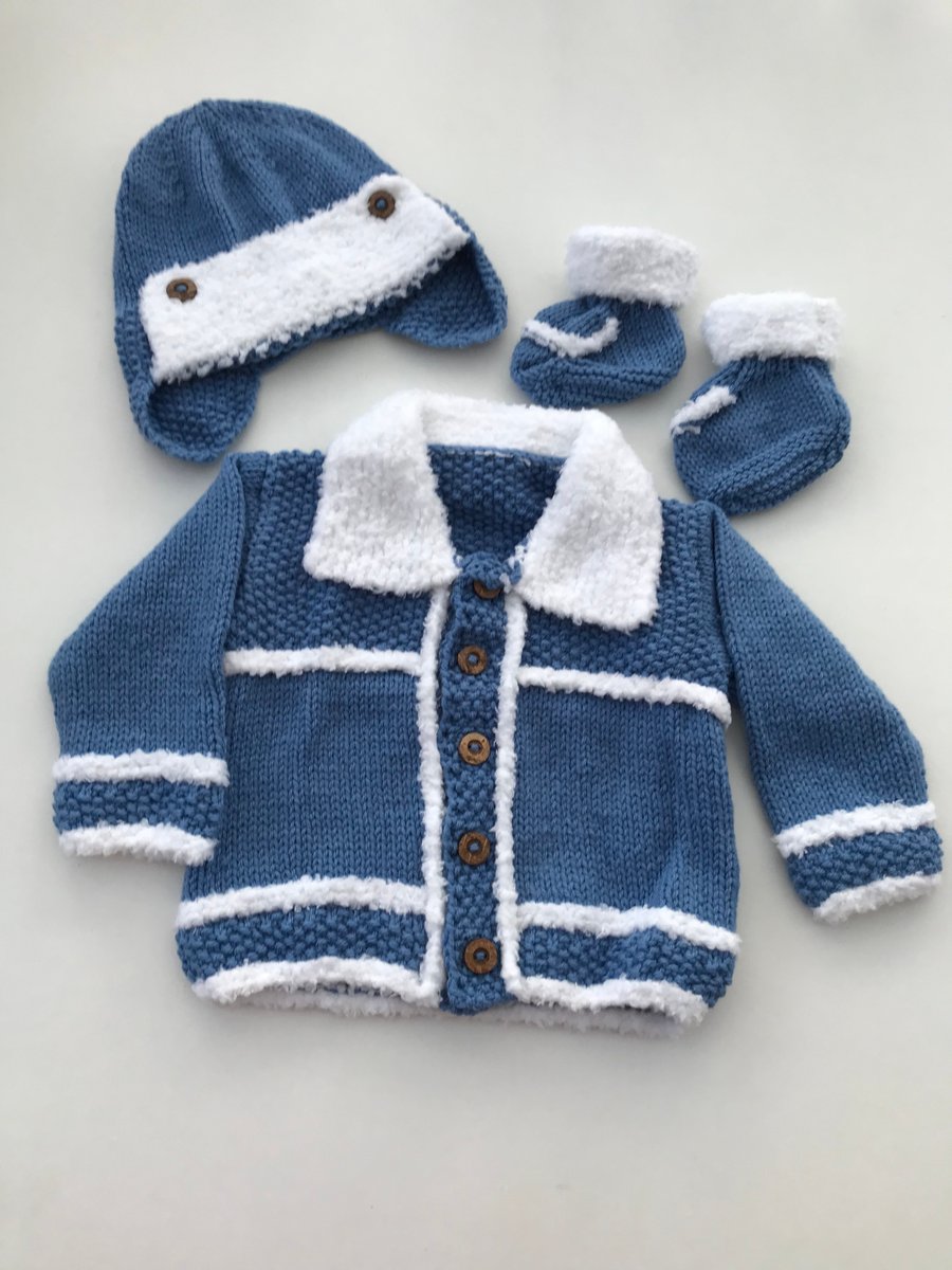 Hand knitted baby aviator jacket, hat and bootees 