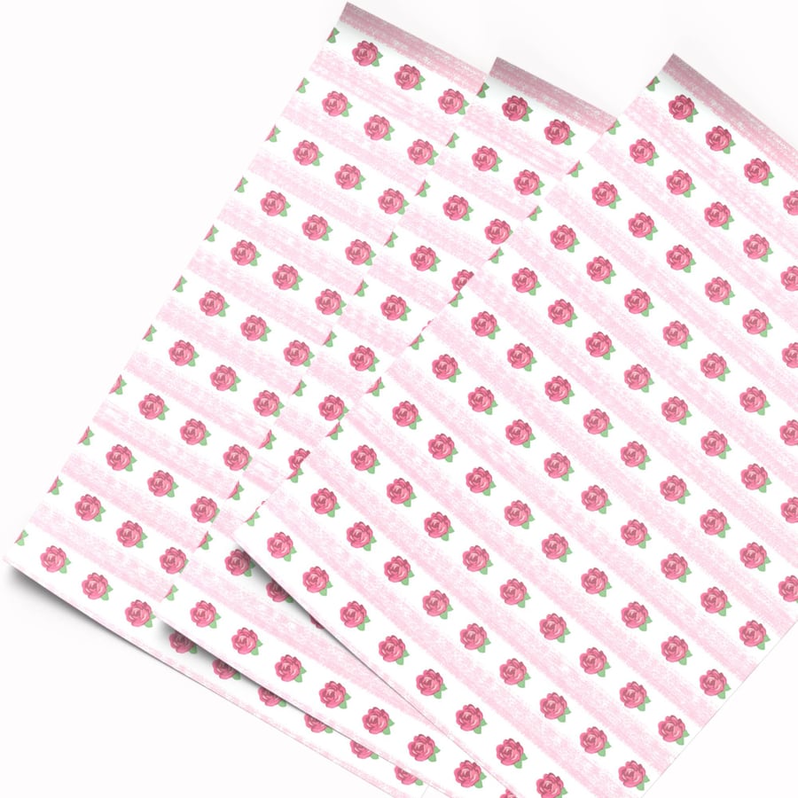 Hand Drawn Pink Rose & Stripe Adhesive Wallpaper, 1 12th Scale Dolls House A4 