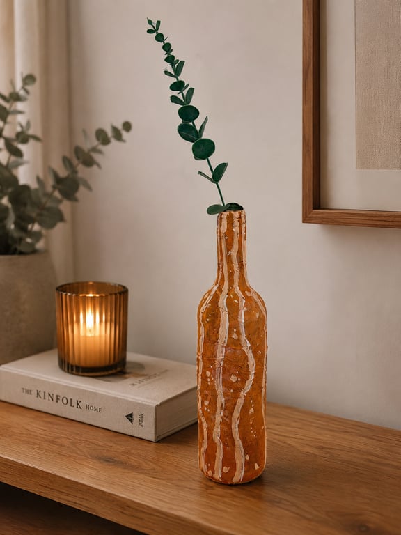 Riverstone Hand Painted Upcycled Glass Bottle Vase with Faux Eucalyptus Stem