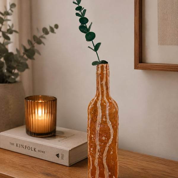 Riverstone Hand Painted Upcycled Glass Bottle Vase with Faux Eucalyptus Stem