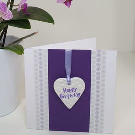 Handmade card with keepsake clay heart, happy birthday greetings card