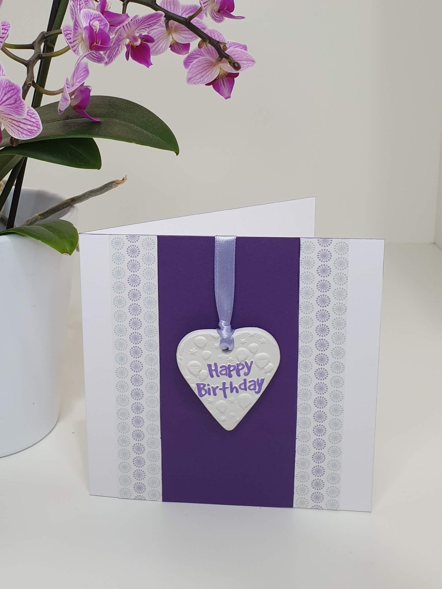 Handmade card with keepsake clay heart, happy birthday greetings card
