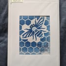 Bee Honeycomb Cyanotype Print Card Blue White Framed Large