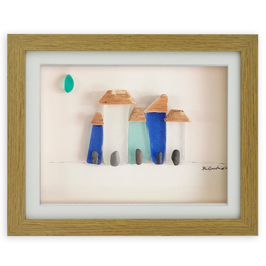 Quirky Cottages Pebble Art & Sea Glass Picture - Framed Handmade - Folksy