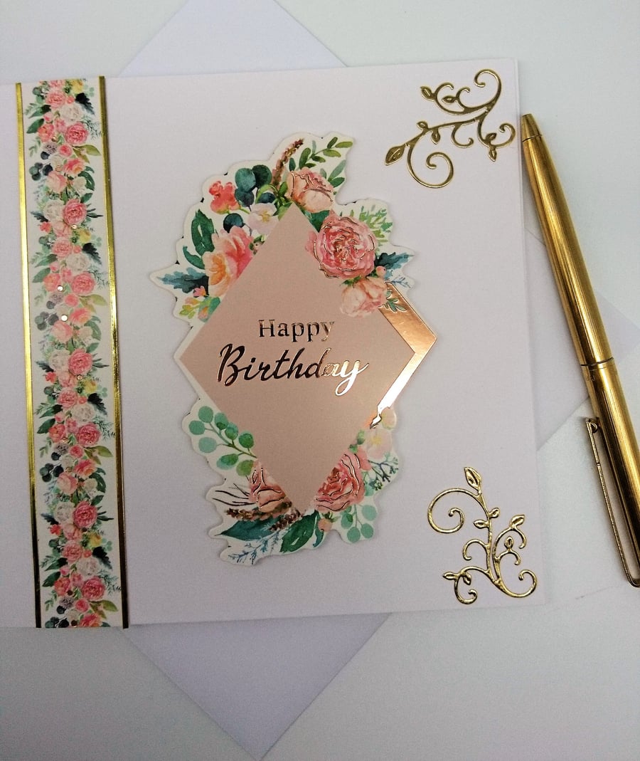  Happy Birthday Card Elegant Gold Foiled Foral with Pink Yellow and White Roses 