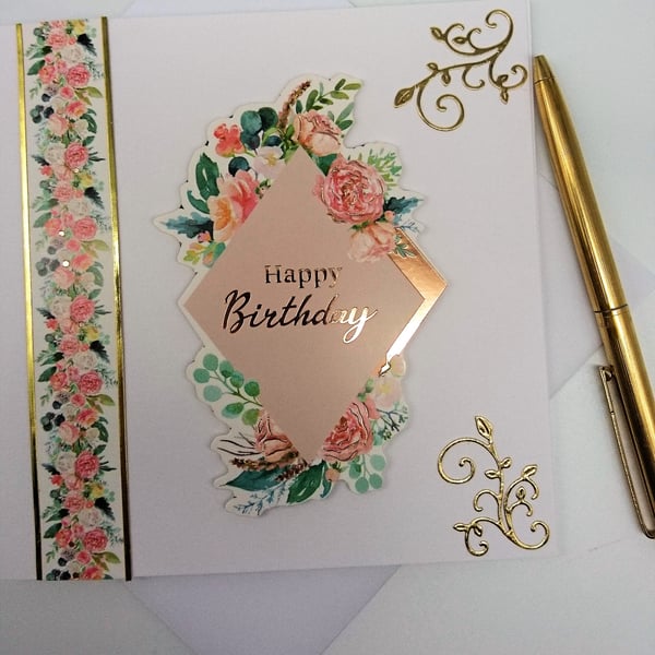  Happy Birthday Card Elegant Gold Foiled Foral with Pink Yellow and White Roses 